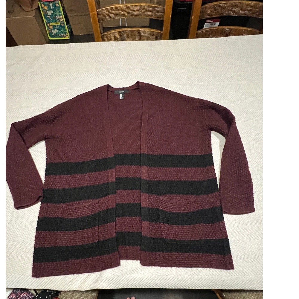 Forever 21 Women's Medium Open Front Burgundy Black Stripe‎ Sweater Cardigan